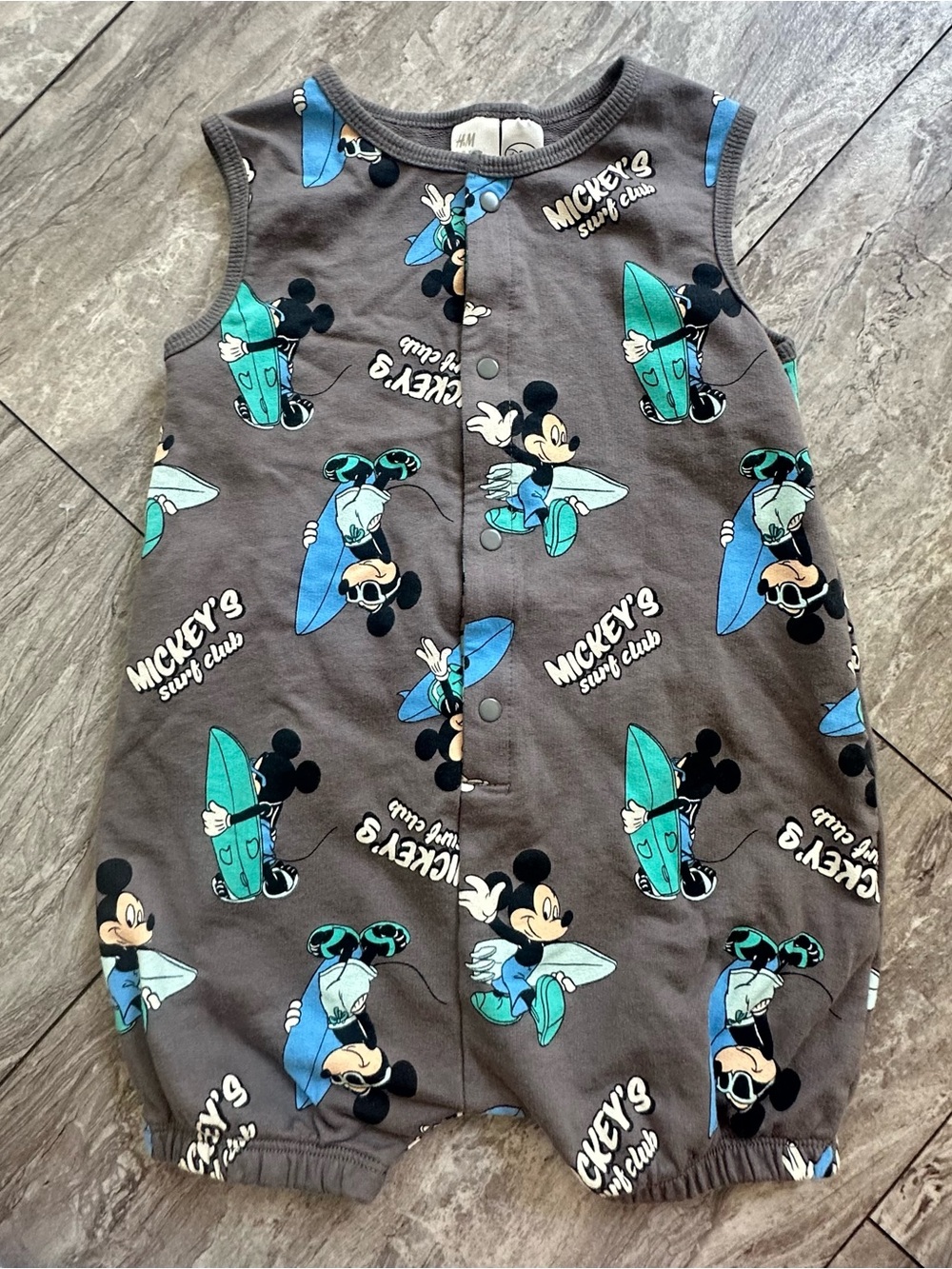 Disney Gray Baby Romper with Teal and Blue Accents 12-18 mos